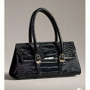 Melie Bianco East-West Shoulder Bag Black Faux Croc Mini Handle Hand Bag NWT